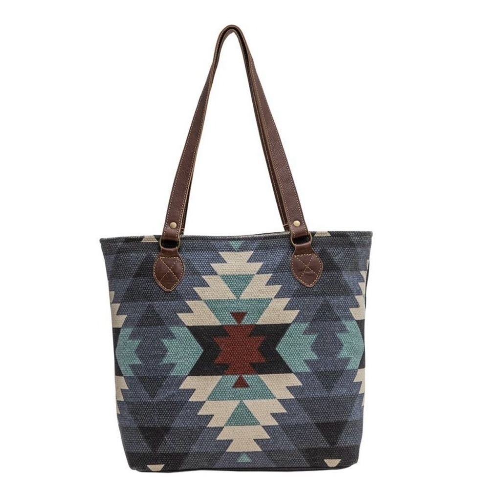 Myra Bag Blue and Brown Geometric Tote
